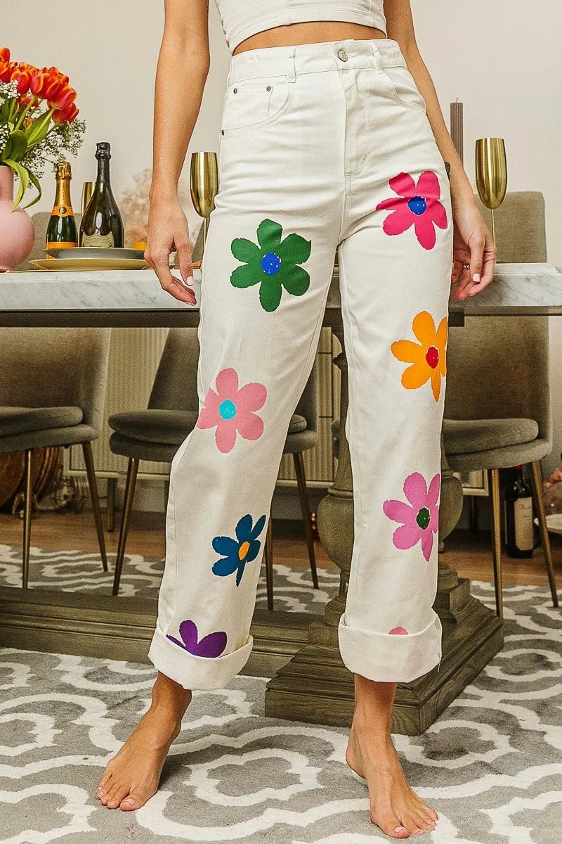 BiBi Flower Print Straight Legs Pants for Chic Style