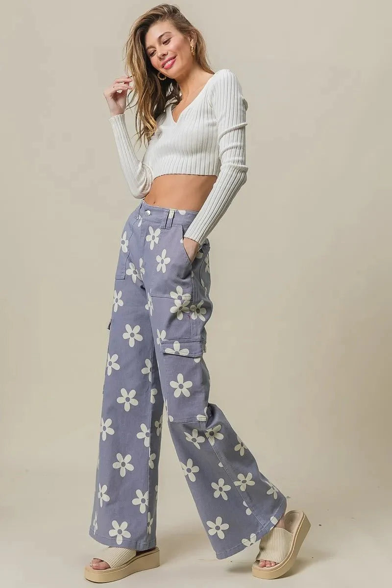 BiBi Flower Printed Side Pocket Wide Pants for Women