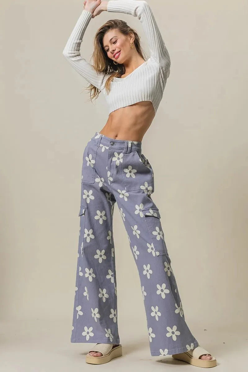 BiBi Flower Printed Side Pocket Wide Pants for Women