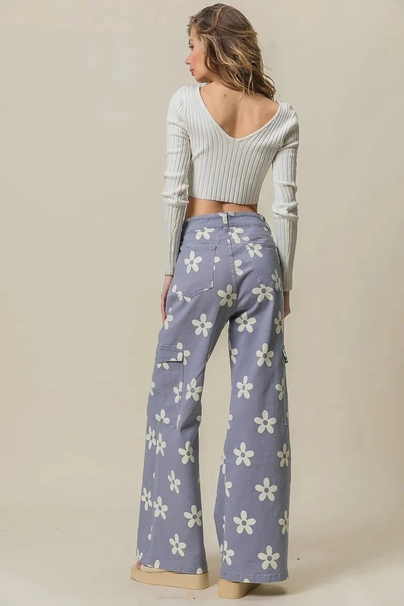 BiBi Flower Printed Side Pocket Wide Pants for Women