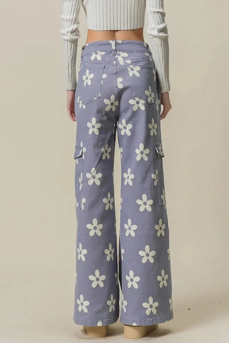 BiBi Flower Printed Side Pocket Wide Pants for Women