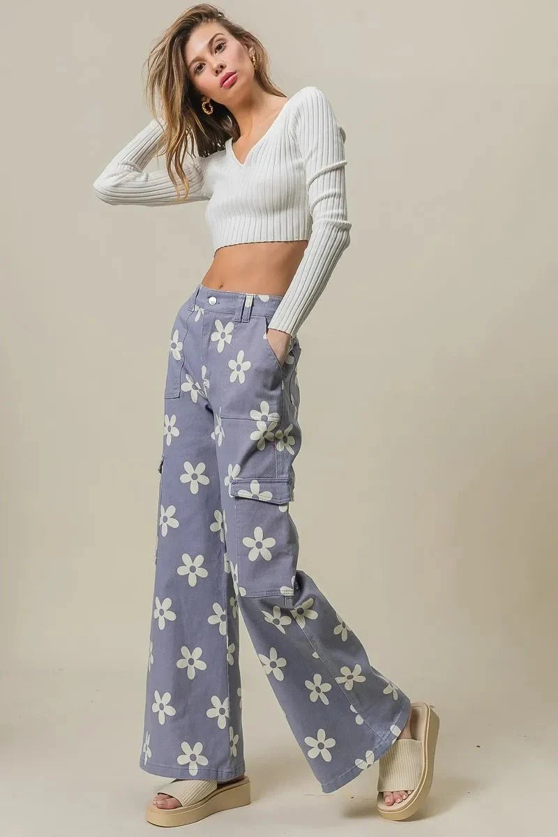 BiBi Flower Printed Side Pocket Wide Pants for Women
