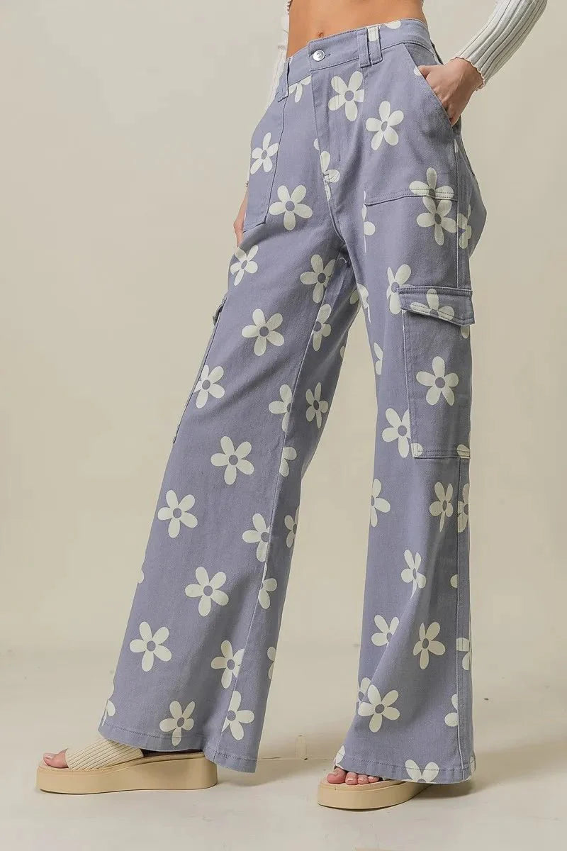 BiBi Flower Printed Side Pocket Wide Pants for Women