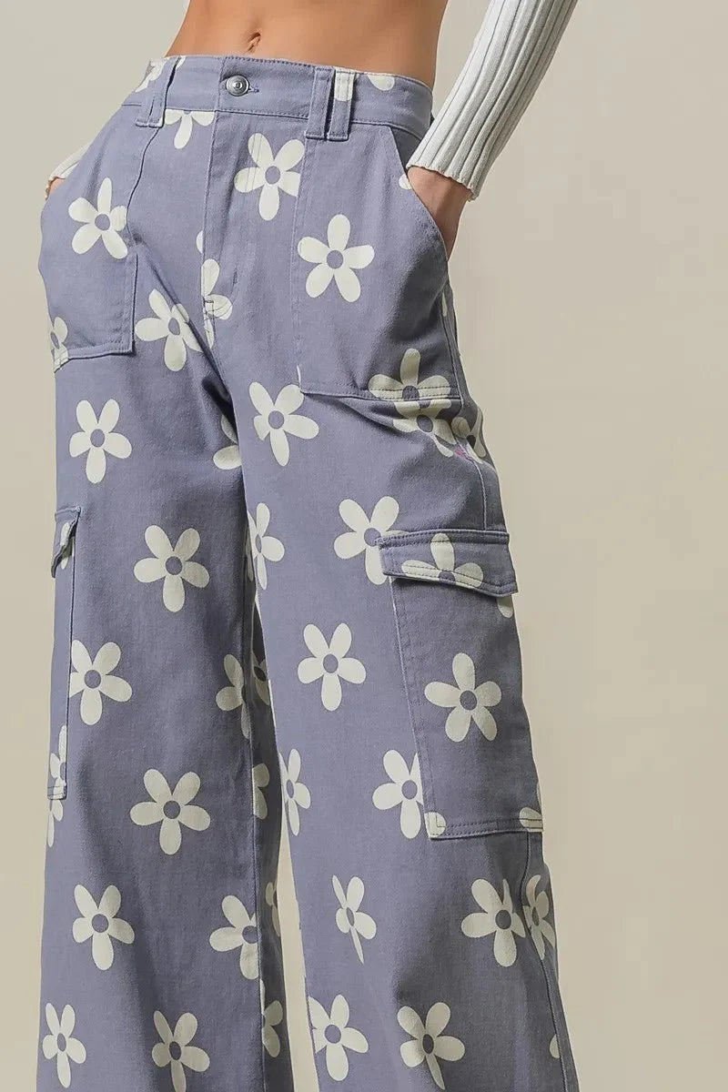 BiBi Flower Printed Side Pocket Wide Pants for Women