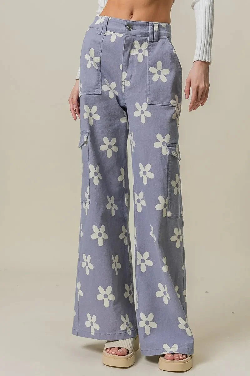 BiBi Flower Printed Side Pocket Wide Pants for Women