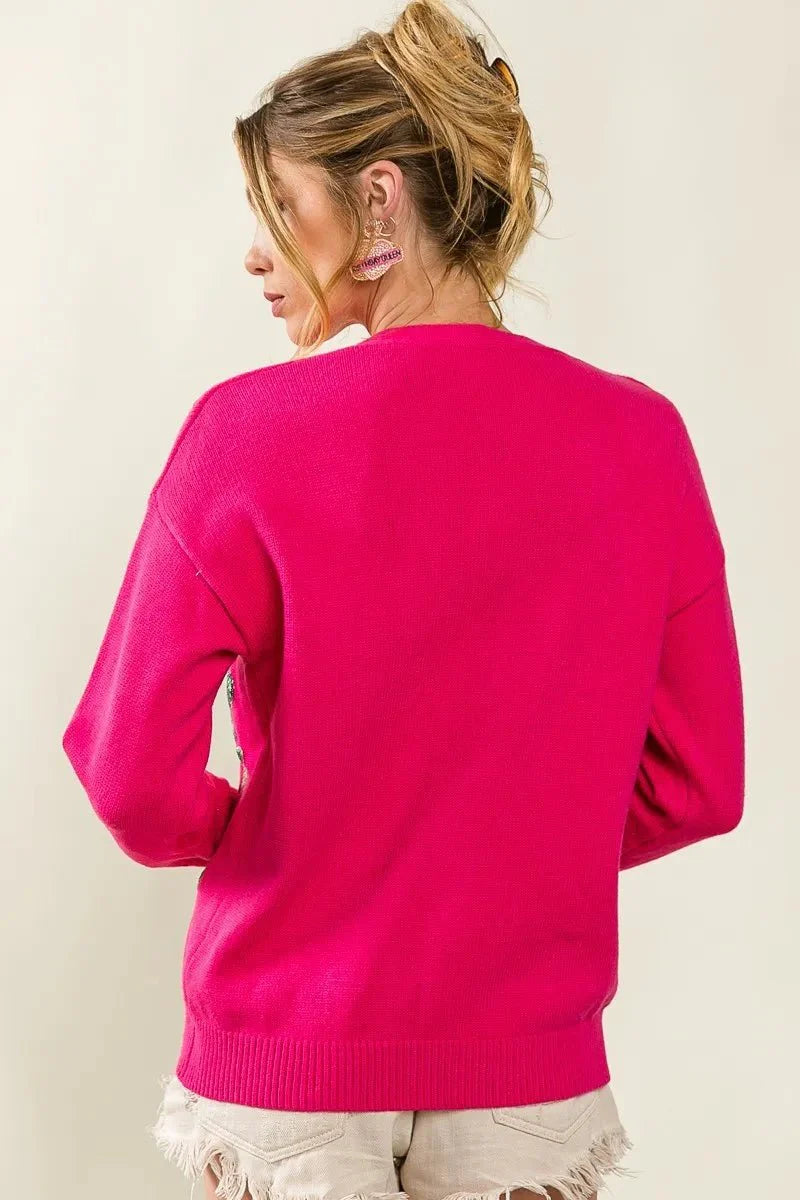 BiBi Front Tiger Sequin Patch V-neck Sweater Cardigan