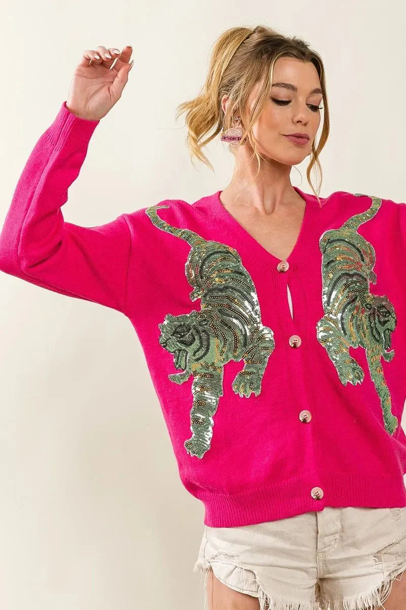 BiBi Front Tiger Sequin Patch V-neck Sweater Cardigan