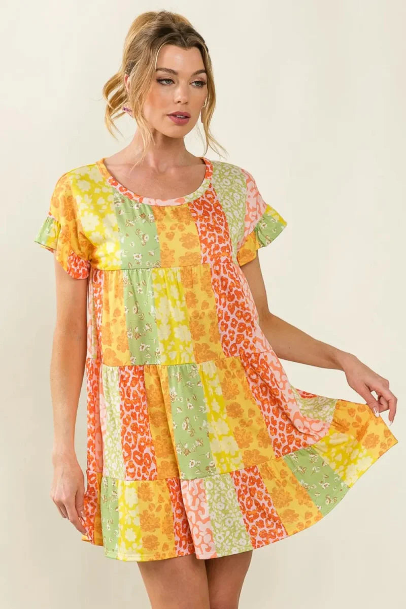 BiBi Leopard Short Sleeve Tiered Dress for Trendy Style