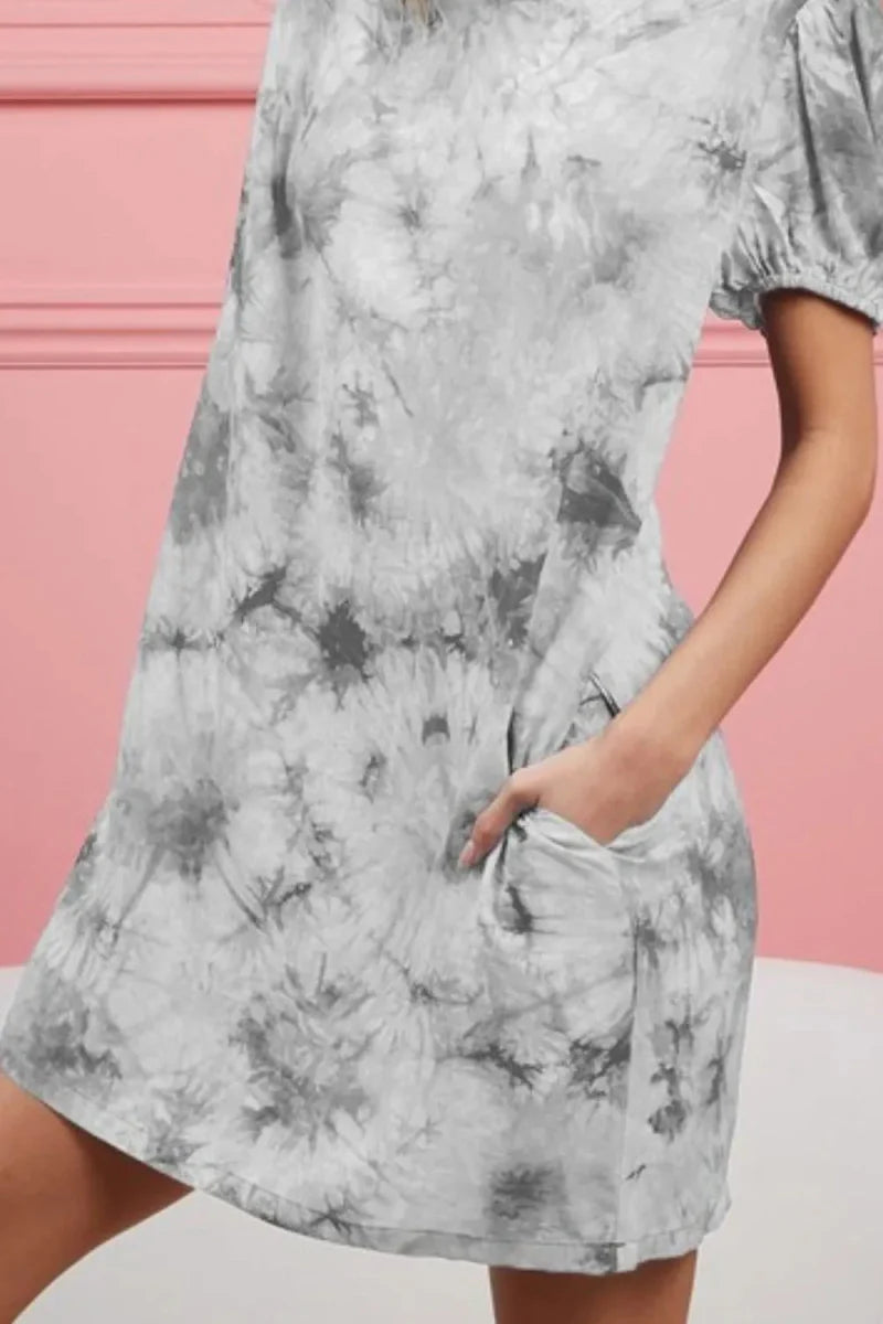BiBi Puff Sleeve With Side Pockets Tie Dye Dress for Women
