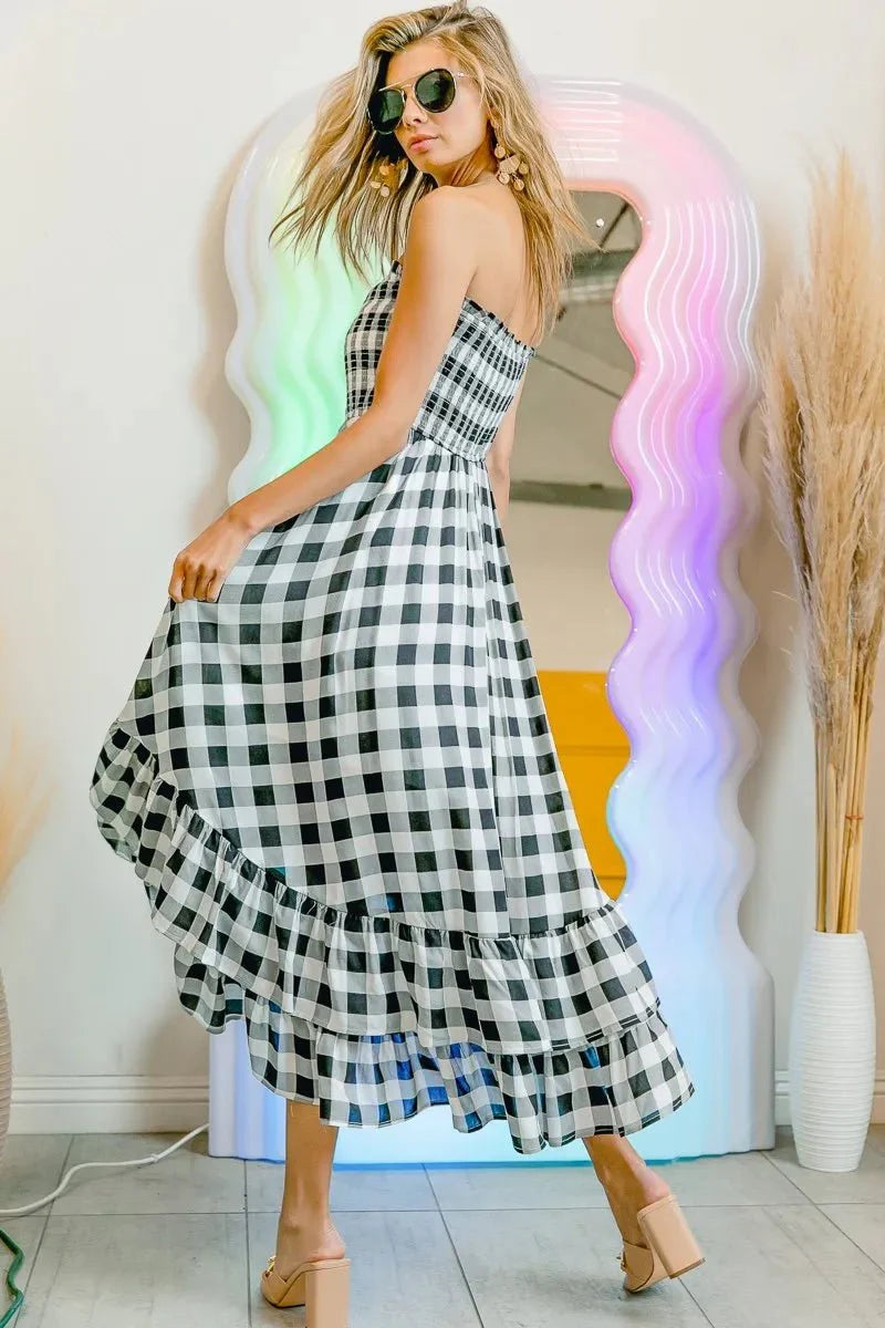 BiBi Smocked Body Off Shoulder Check Dress for Women