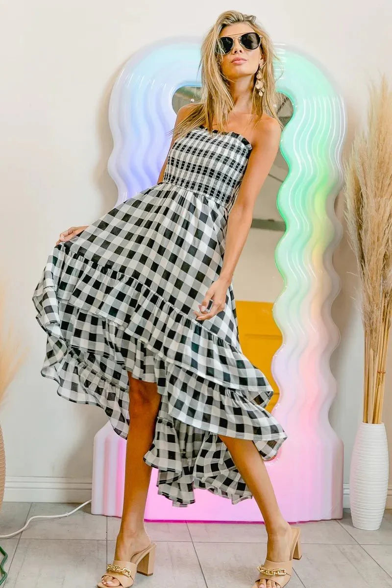 BiBi Smocked Body Off Shoulder Check Dress for Women