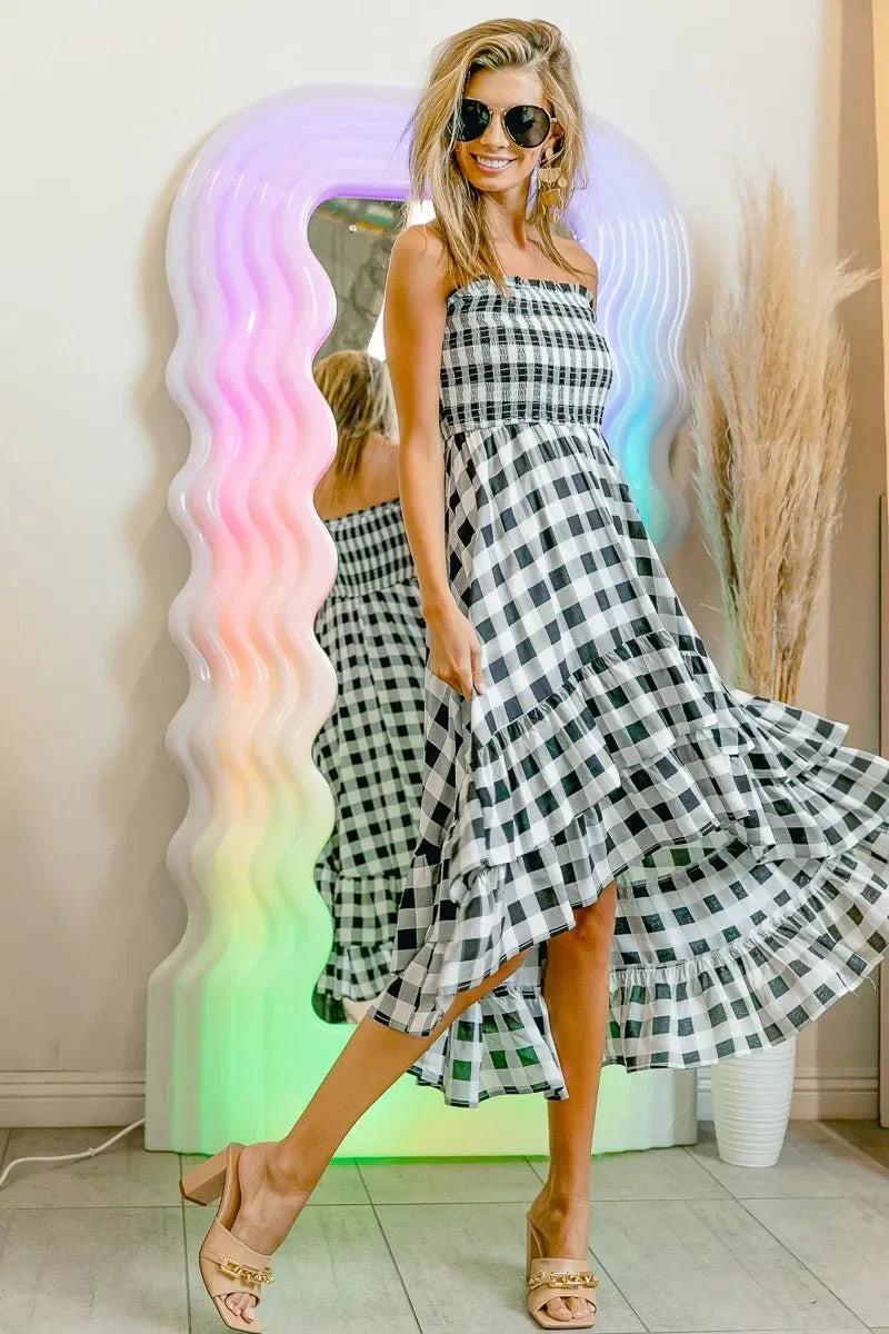 BiBi Smocked Body Off Shoulder Check Dress for Women