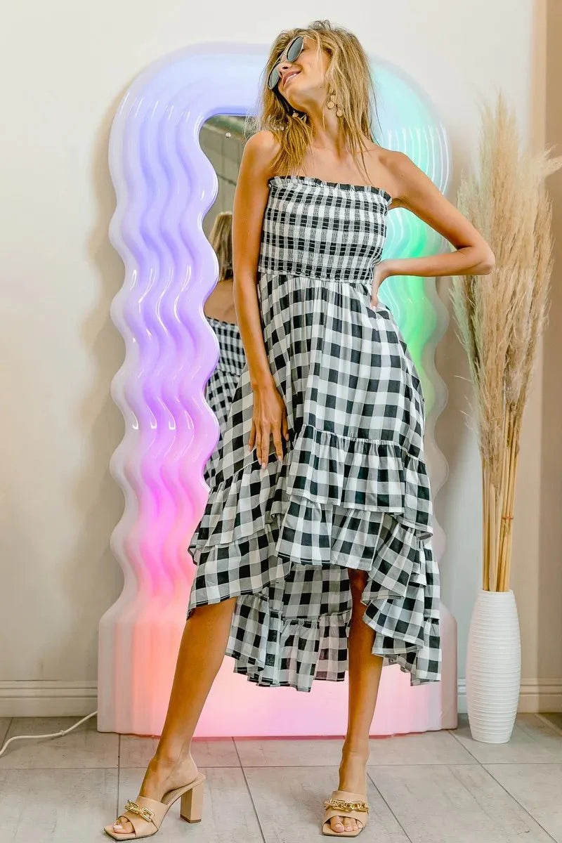 BiBi Smocked Body Off Shoulder Check Dress for Women