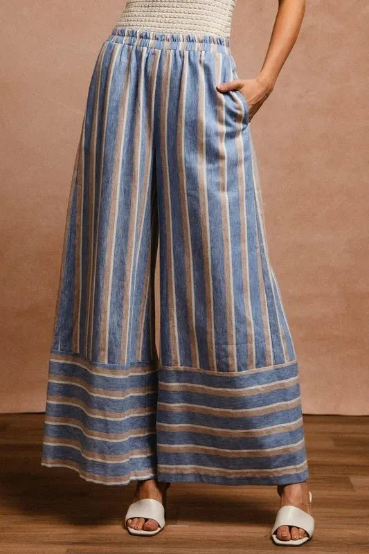 BiBi Striped Wide Leg Pants with Pockets for Women