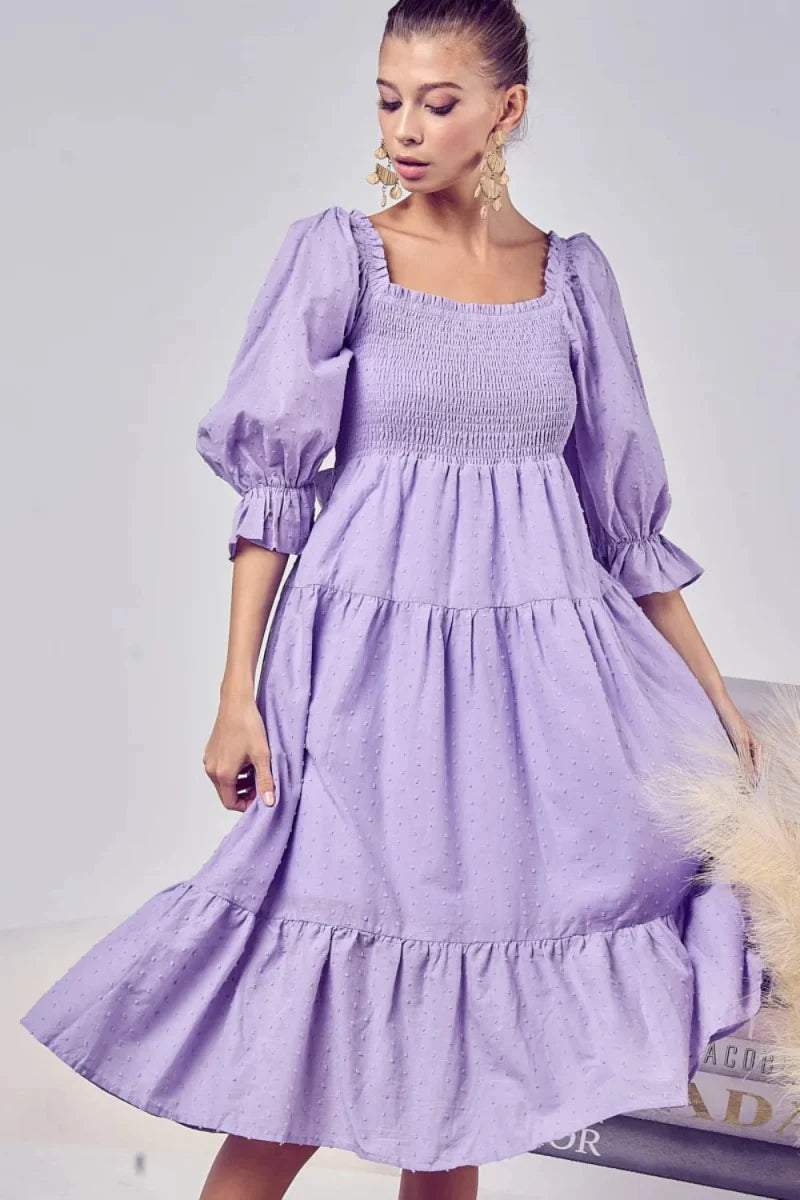 BiBi Swiss Dot Flounce Sleeve Smocked Tiered Midi Dress