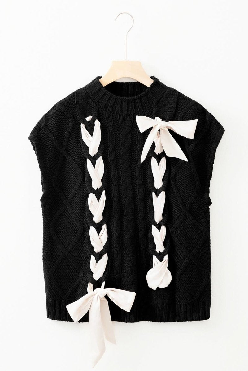 Black Cable Knit Colorblock Sweater with Satin Bowknot Details
