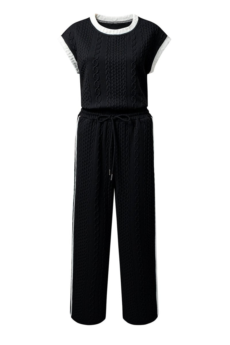 Black Cable Knit Contrast Trim Short Sleeve Top and Pants Set