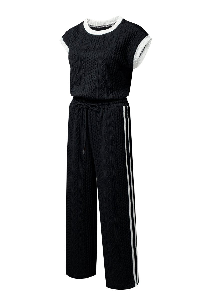 Black Cable Knit Contrast Trim Short Sleeve Top and Pants Set