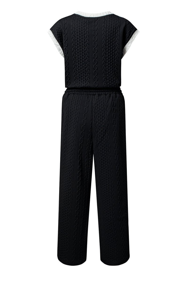 Black Cable Knit Contrast Trim Short Sleeve Top and Pants Set