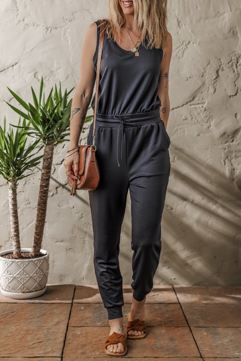 Black Casual Tank Style Tie Waist Pocketed Jogger Jumpsuit for Women