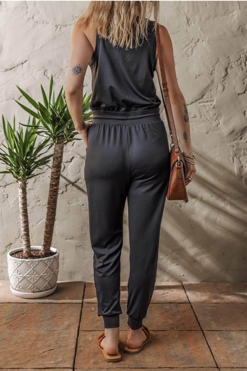 Black Casual Tank Style Tie Waist Pocketed Jogger Jumpsuit for Women