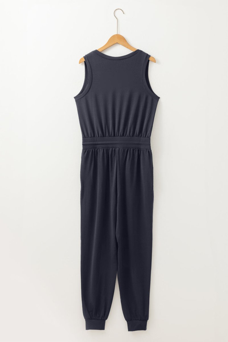 Black Casual Tank Style Tie Waist Pocketed Jogger Jumpsuit for Women