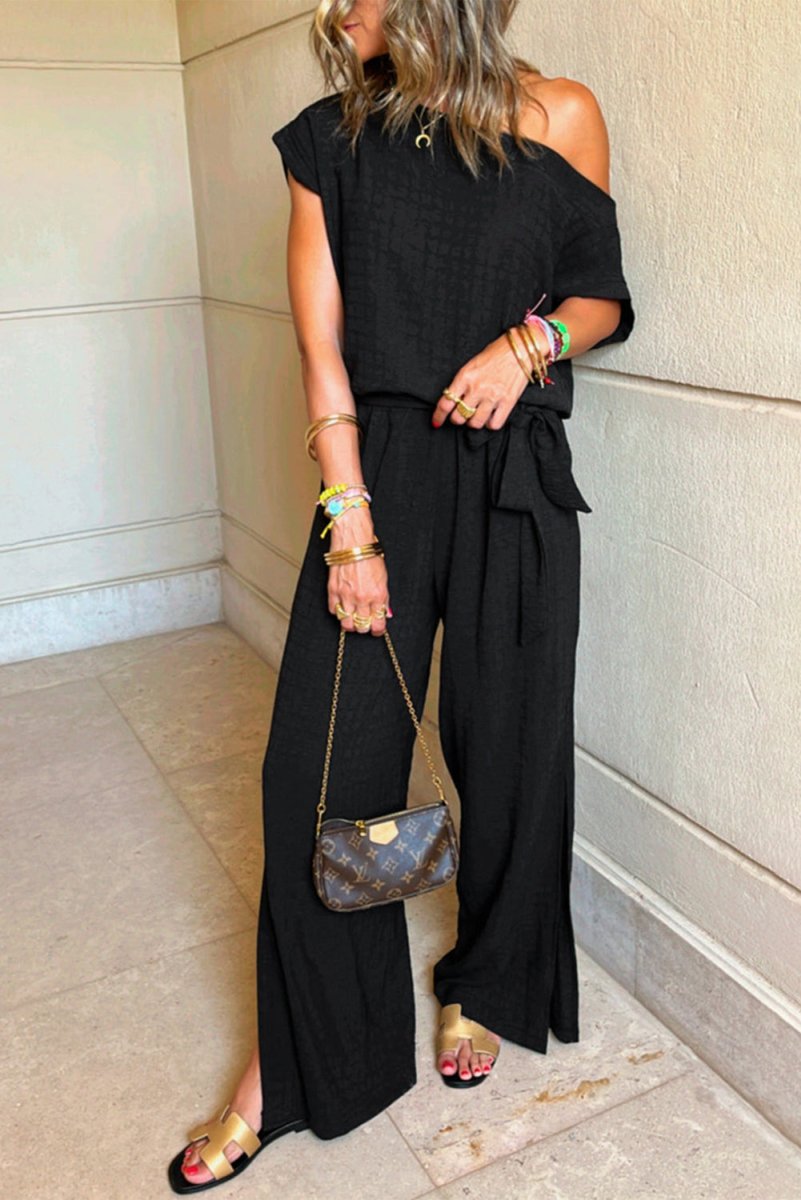 Black Checkered Mesh One Shoulder Short Sleeve Jumpsuit