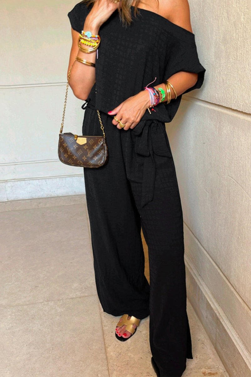 Black Checkered Mesh One Shoulder Short Sleeve Jumpsuit