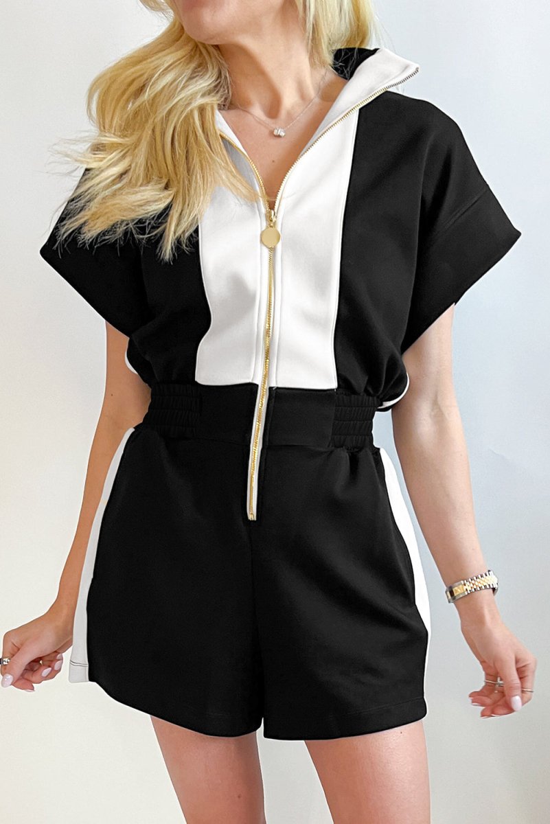 Black Contrast Collar Patchwork Zip Front Romper for Women