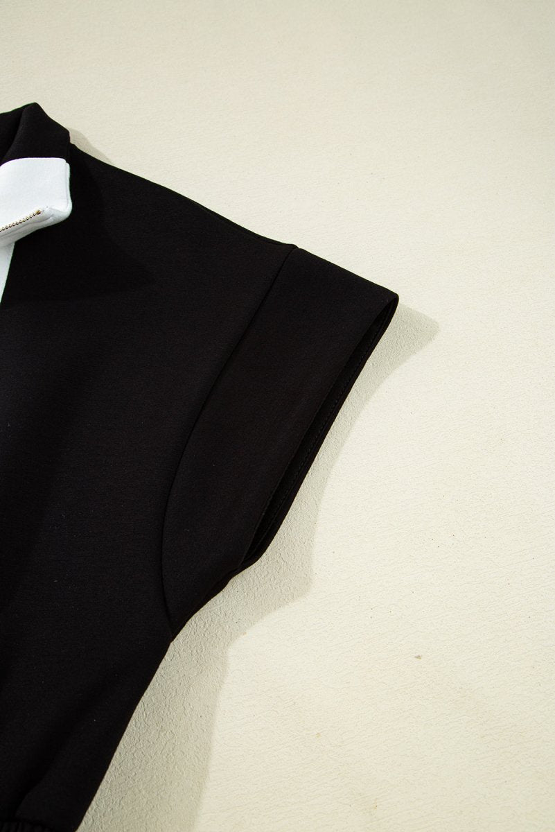 Black Contrast Collar Patchwork Zip Front Romper for Women