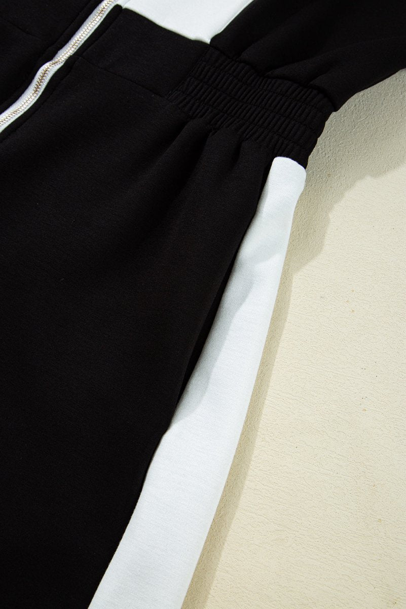 Black Contrast Collar Patchwork Zip Front Romper for Women