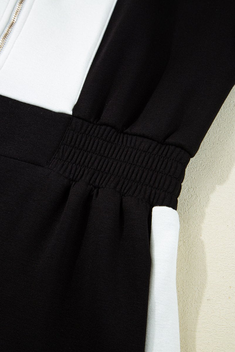 Black Contrast Collar Patchwork Zip Front Romper for Women