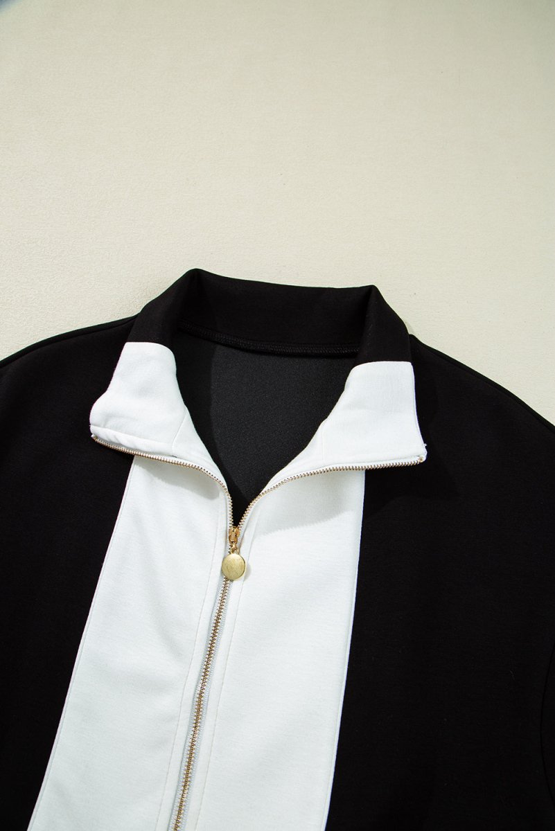 Black Contrast Collar Patchwork Zip Front Romper for Women