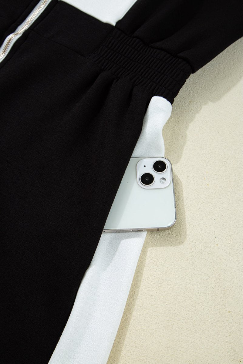 Black Contrast Collar Patchwork Zip Front Romper for Women