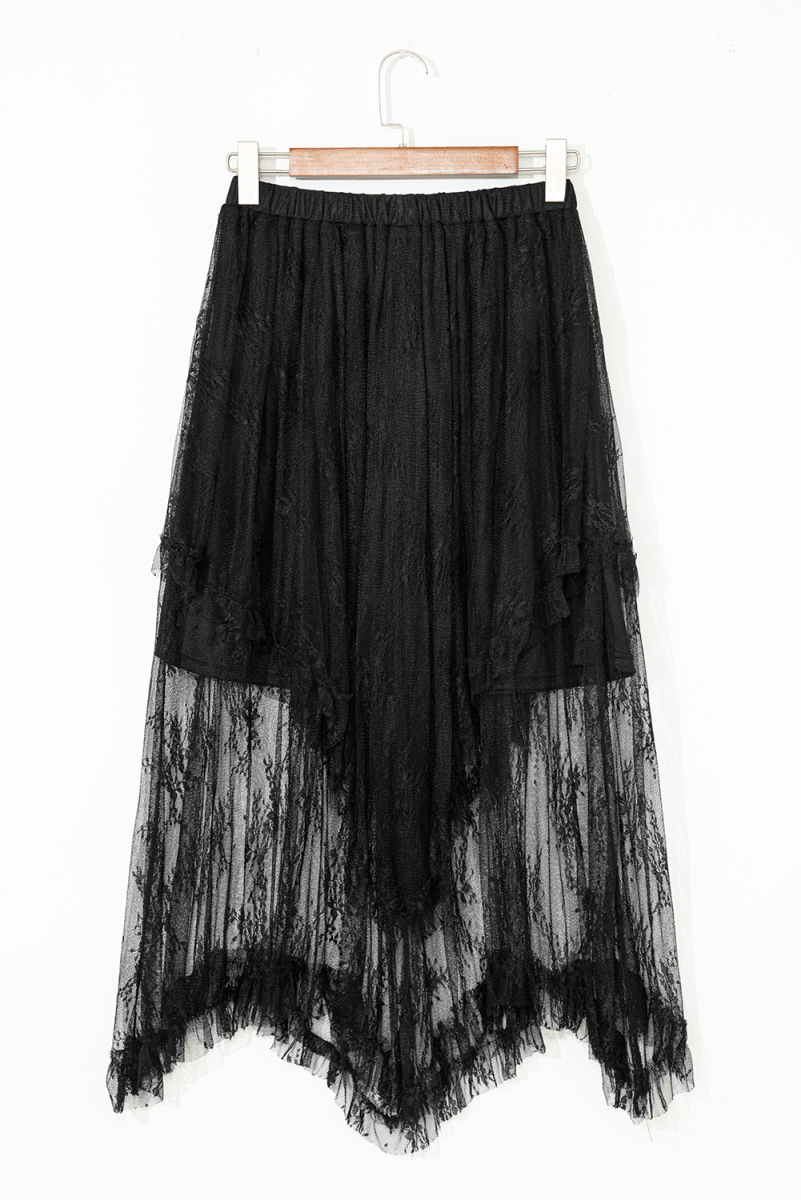 Black Lace Cascading Tiered High Waist Maxi Skirt Women