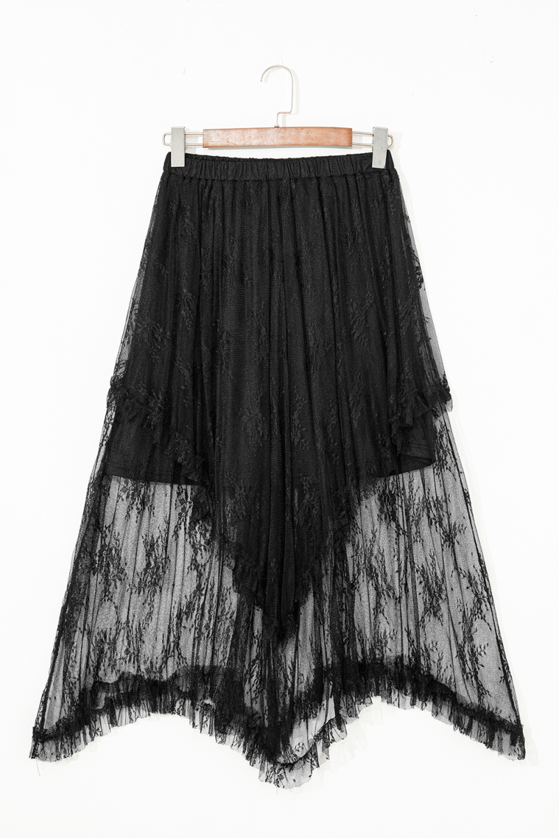 Black Lace Cascading Tiered High Waist Maxi Skirt Women