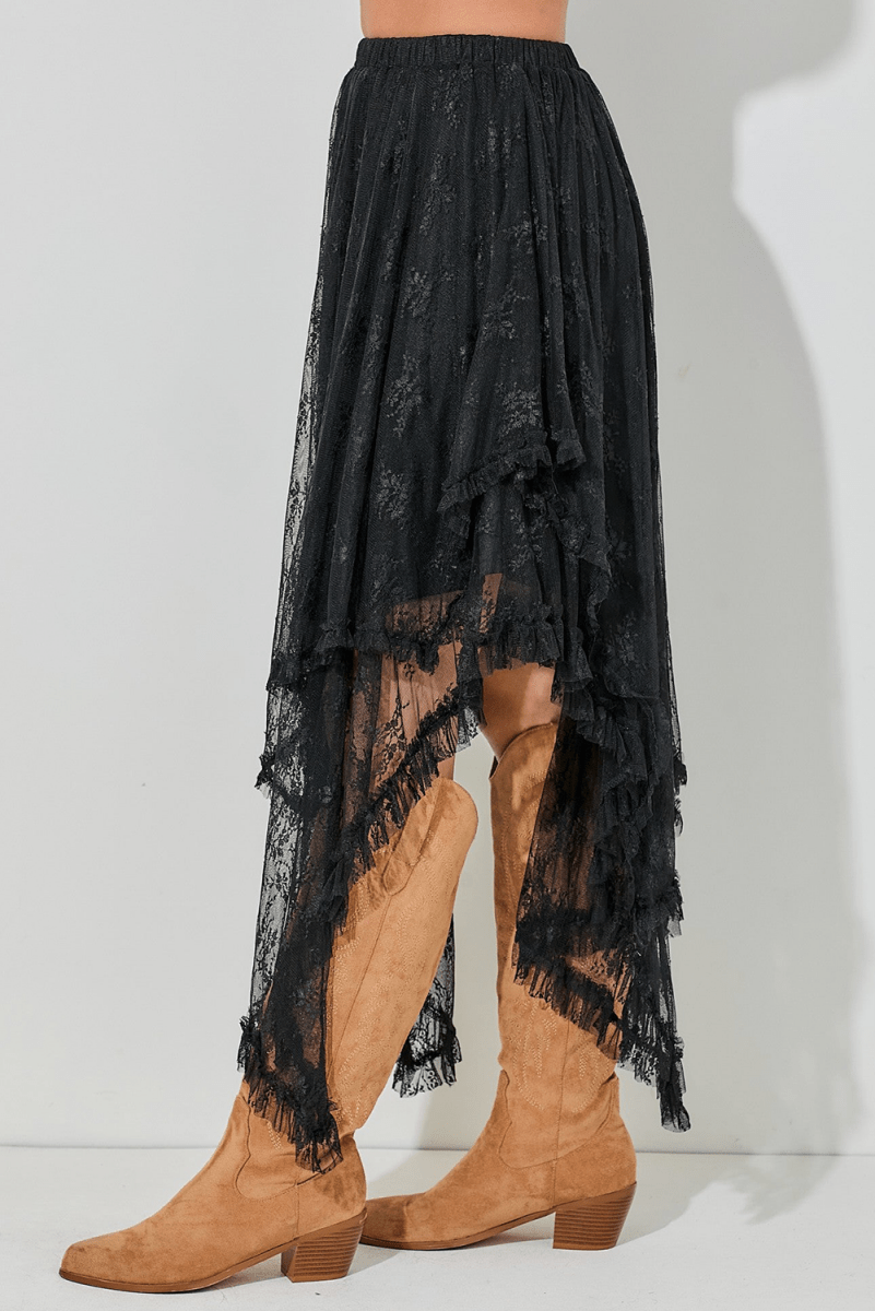 Black Lace Cascading Tiered High Waist Maxi Skirt Women