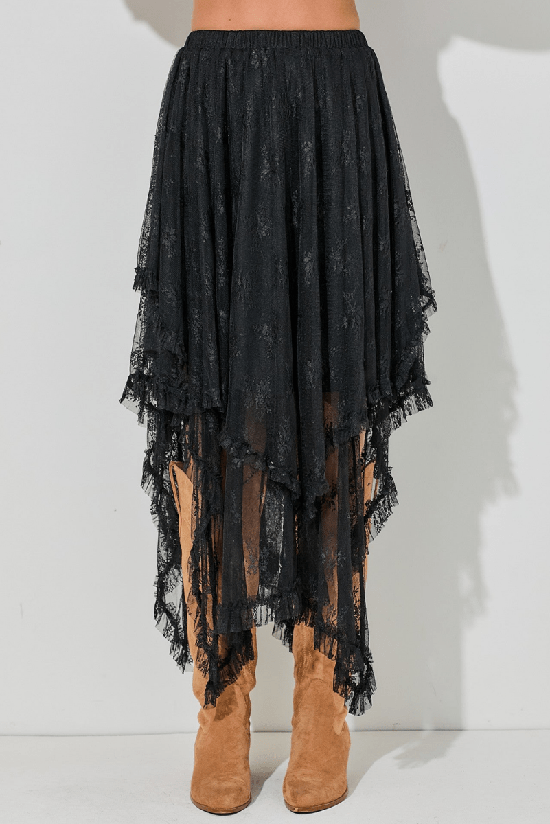 Black Lace Cascading Tiered High Waist Maxi Skirt Women