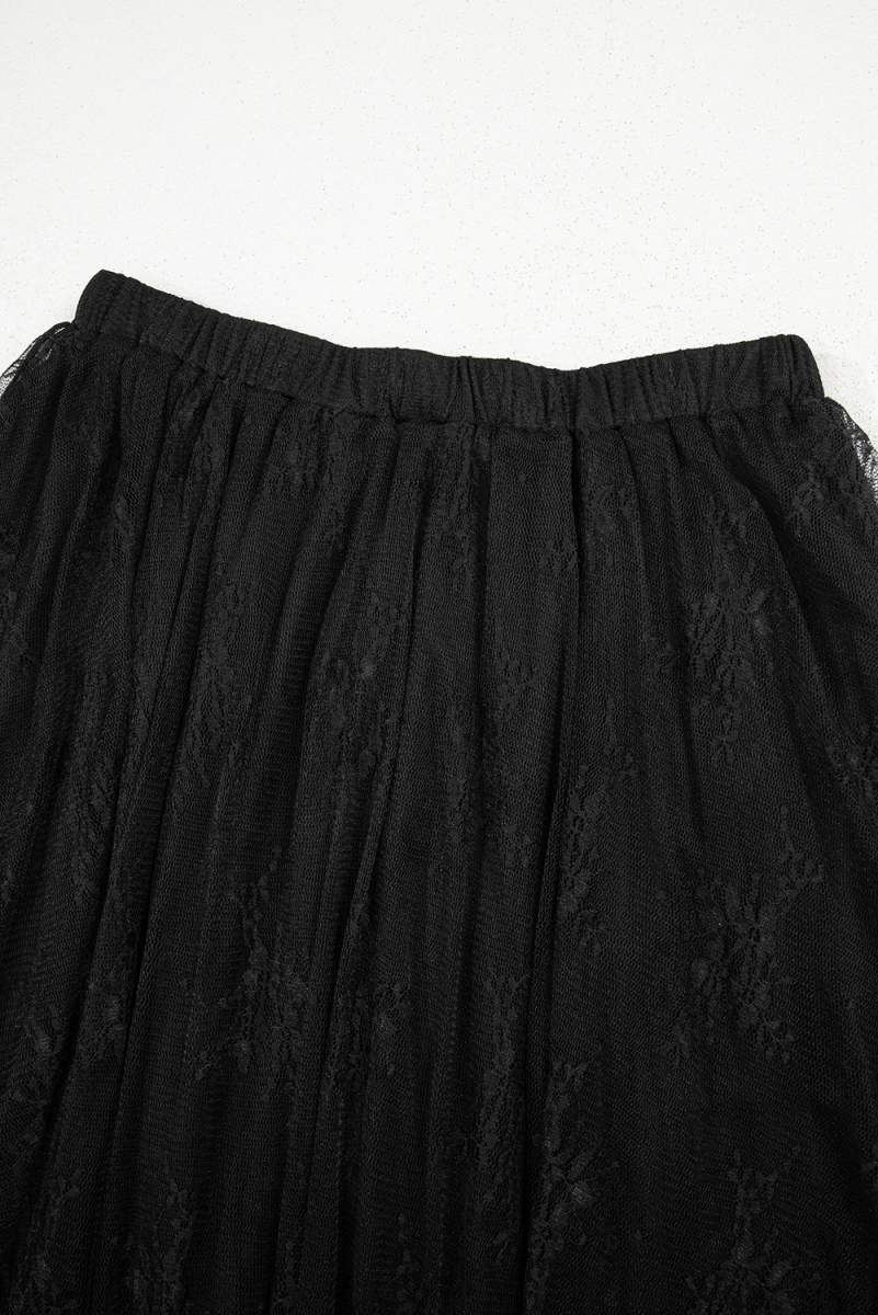 Black Lace Cascading Tiered High Waist Maxi Skirt Women
