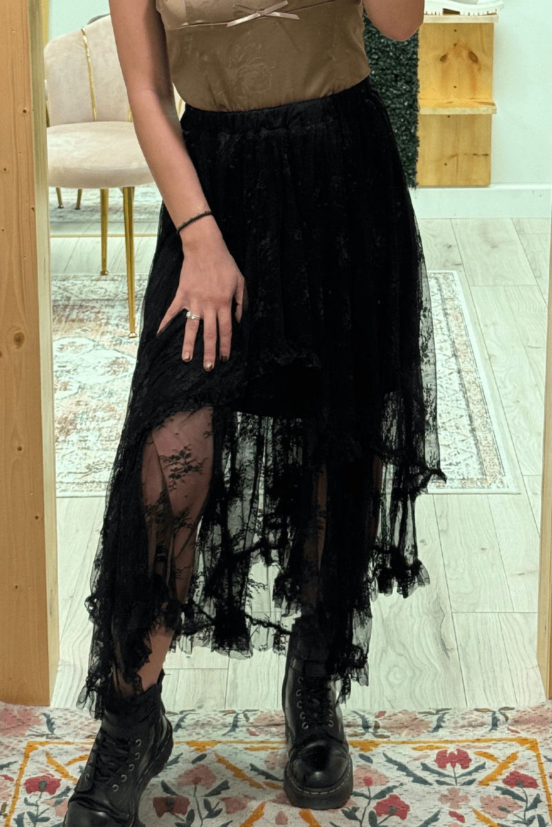 Black Lace Cascading Tiered High Waist Maxi Skirt Women