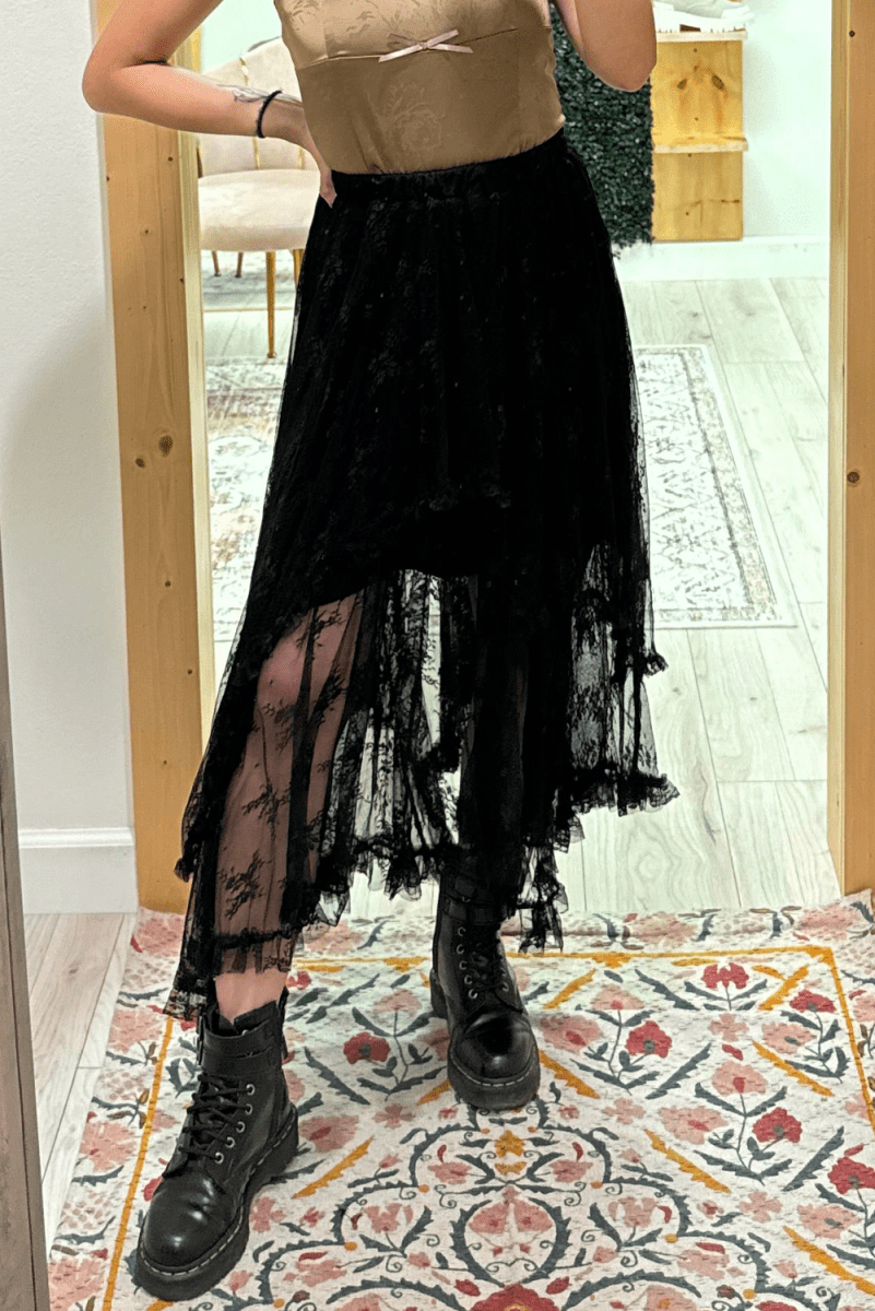 Black Lace Cascading Tiered High Waist Maxi Skirt Women