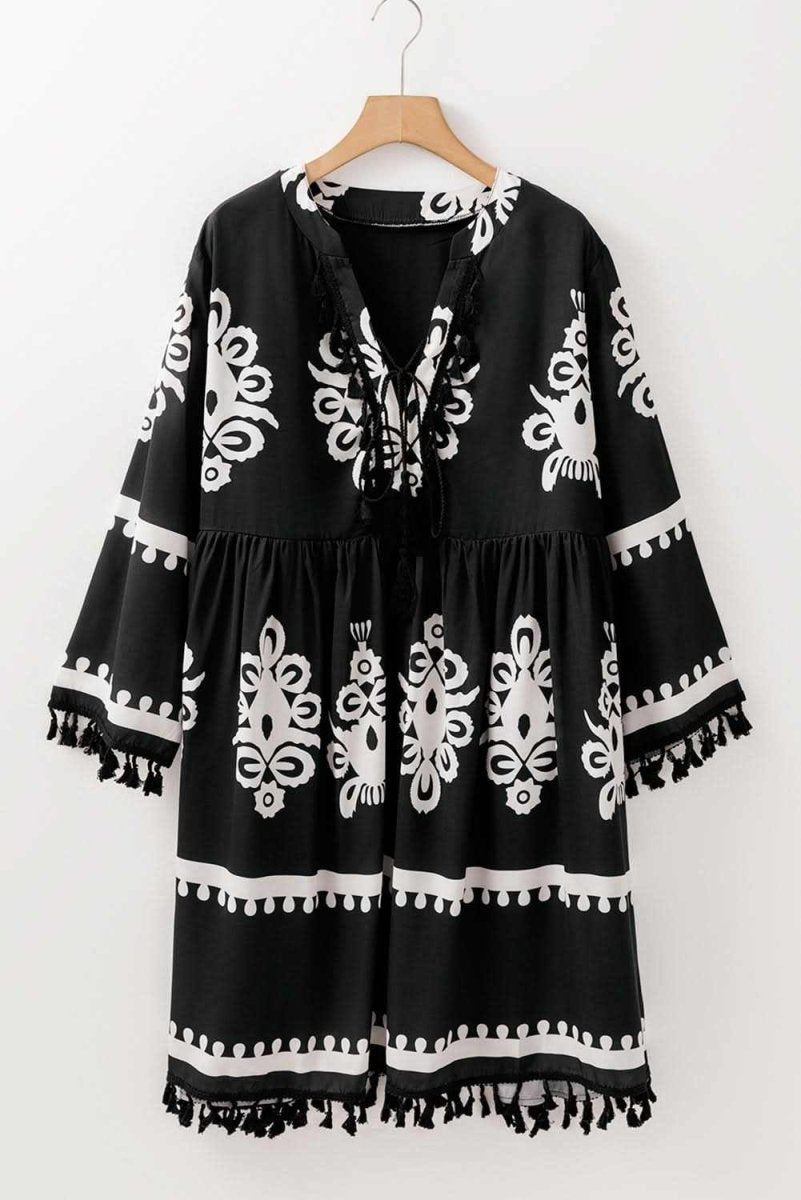 Black Plus Size Western Floral Print Fringed V Neck Dress