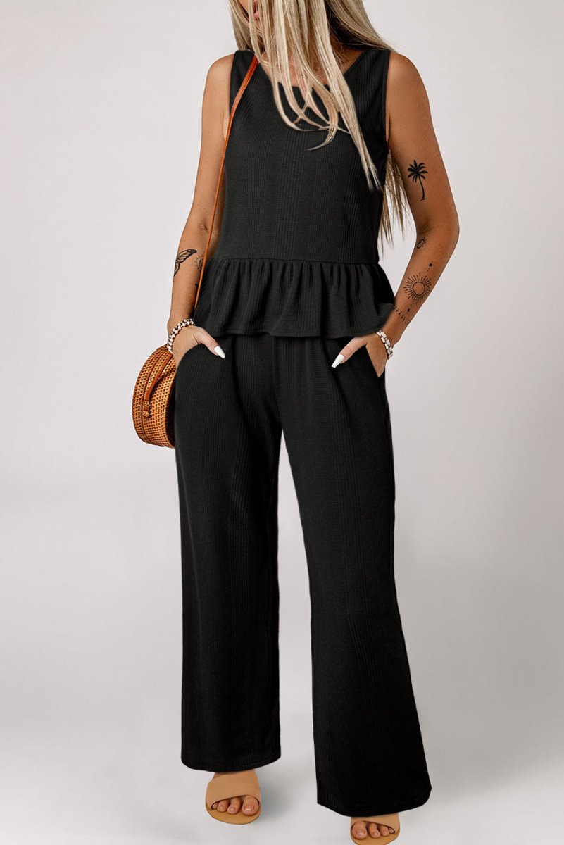 Black Solid Color Ribbed Ruffle Tank Top and Pants Set