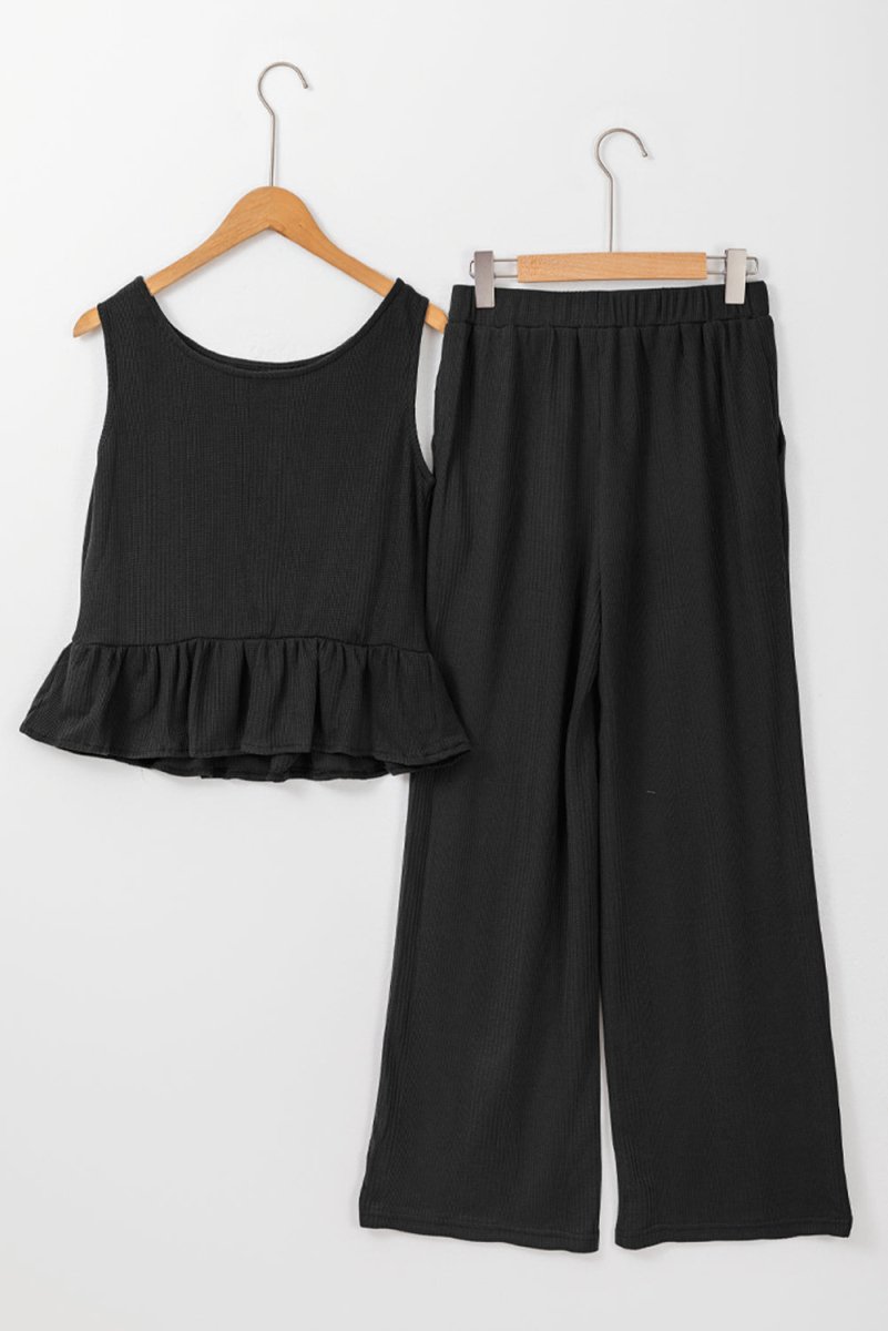Black Solid Color Ribbed Ruffle Tank Top and Pants Set