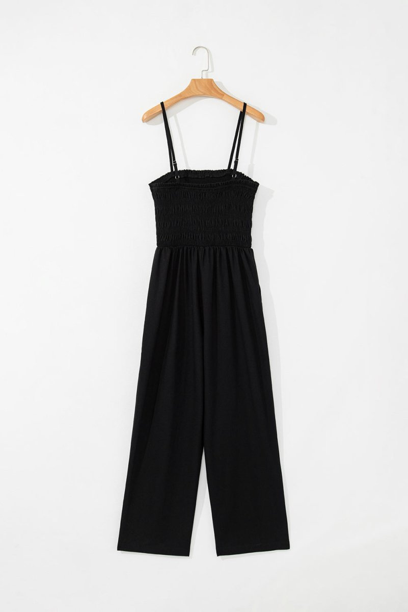 Black Spaghetti Straps Shirred Bodice Pocketed Wide Leg Jumpsuit