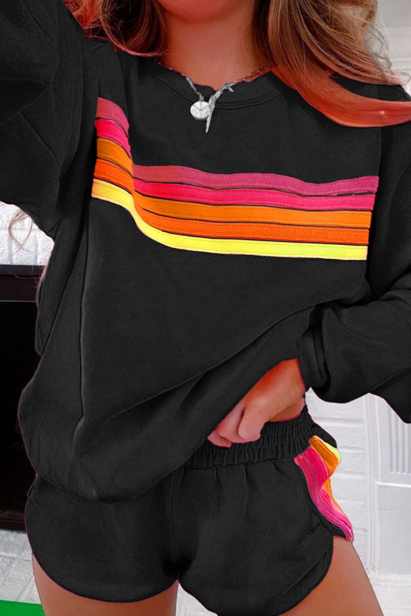 Black Striped Accent Pullover and Shorts Two Piece Set