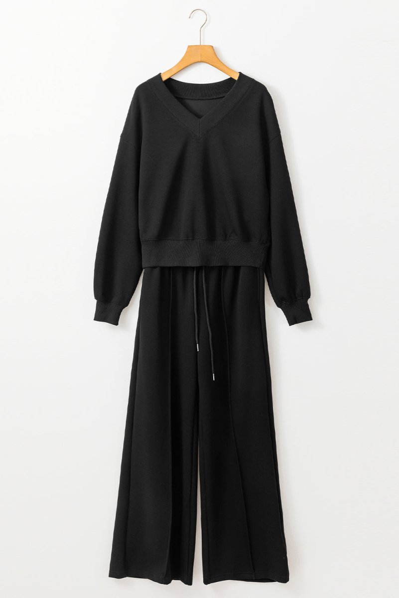 Black V Neck Cropped Seamed High Waist Sports Wear Set