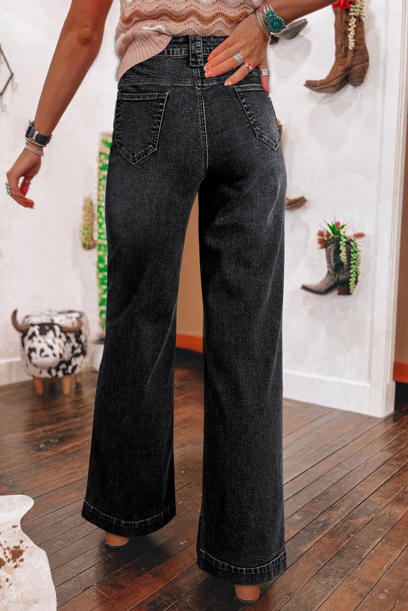 Black Wide Leg Pocketed High Waist Jeans for Women