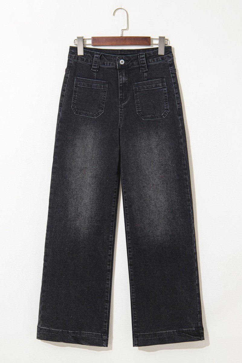 Black Wide Leg Pocketed High Waist Jeans for Women