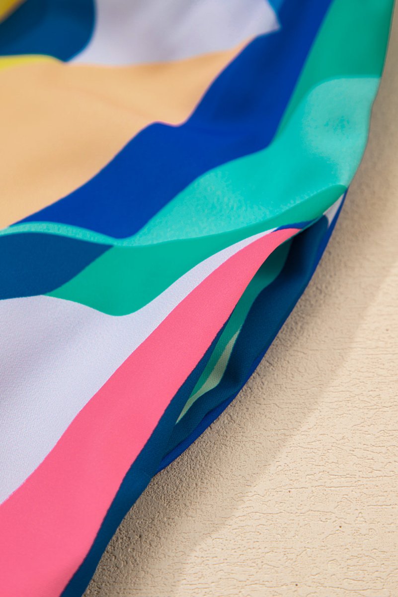 Blue Abstract Print V Neck Cap Sleeve Pocketed Mini Dress